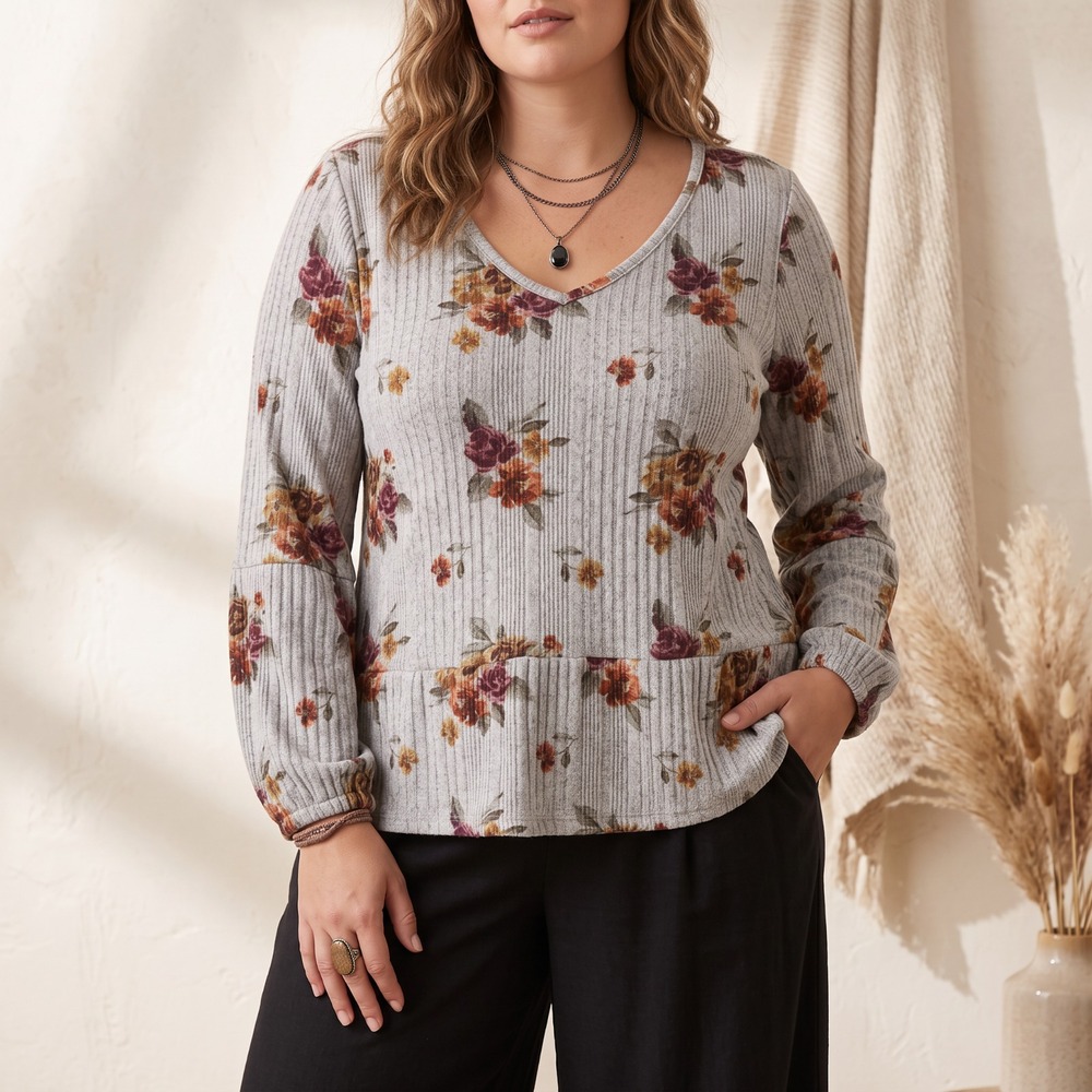 Maurices Gray Moody Floral Knit Top Cottage Cozy Ribbed Fairy Grunge Boho XXL